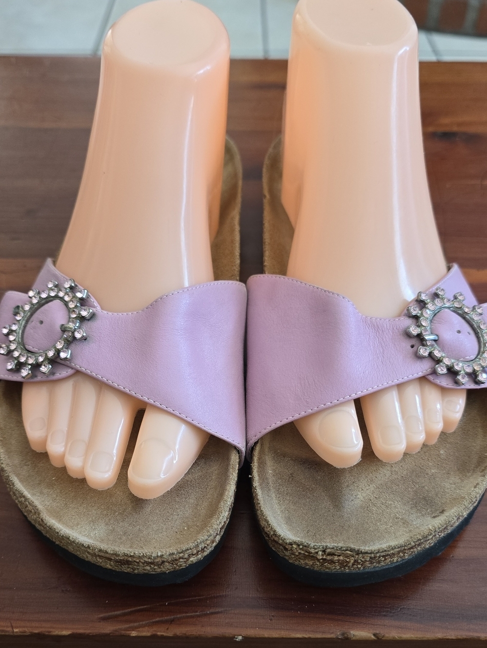 Birkenstock Tatami Lilac Leather Slide Sandals with  Crystal Buckles Sz 39